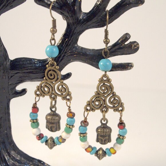 Handmade Buddha Chandelier Earrings Dangle Pierced or Clip-on Earrings - Picture 3 of 6